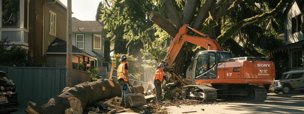 a dynamic urban scene captures a skilled team of certified arborists using advanced equipment in a busy residential area, efficiently removing a large tree while ensuring minimal disruption to the surrounding properties.