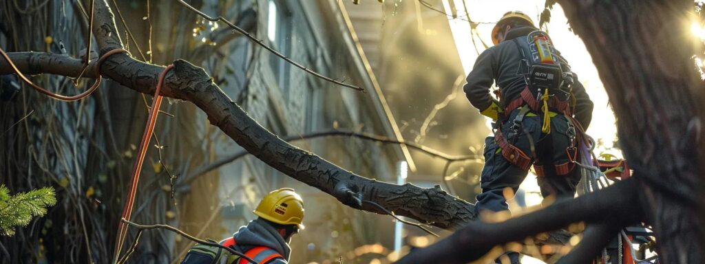a dynamic urban scene showcases a team of professional arborists efficiently removing a hazardous oak limb from a commercial property, highlighted by safety gear and equipment while a satisfied client observes the meticulous cleanup in the background, illustrating exceptional service and responsiveness.