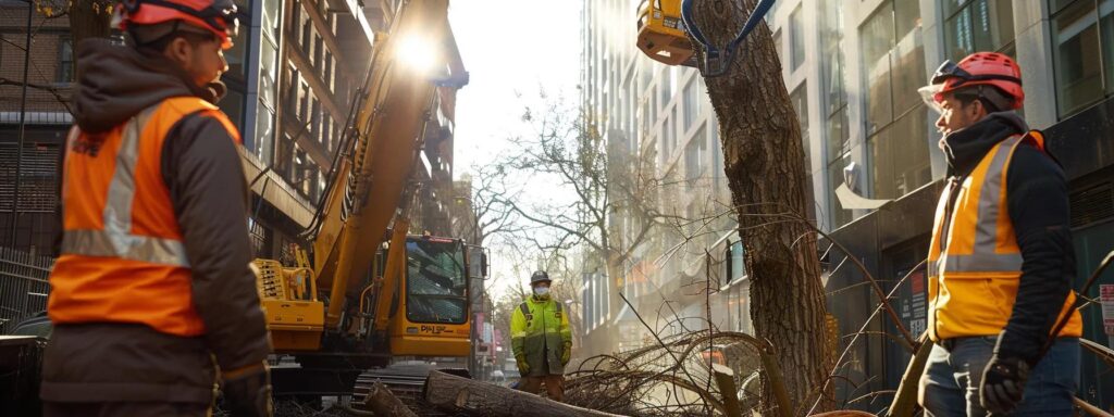 a dynamic urban setting showcases a skilled team from clower trees executing their meticulous six-step tree removal process, featuring a crane and bucket truck as they safely dismantle a large tree amid a neatly organized workspace, emphasizing efficiency and safety protocols.