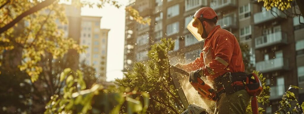 a high-contrast image of a skilled arborist using a laser-guided saw to meticulously shape a large tree in an urban landscape, emphasizing precision cutting techniques and the clean, organized workspace around them.