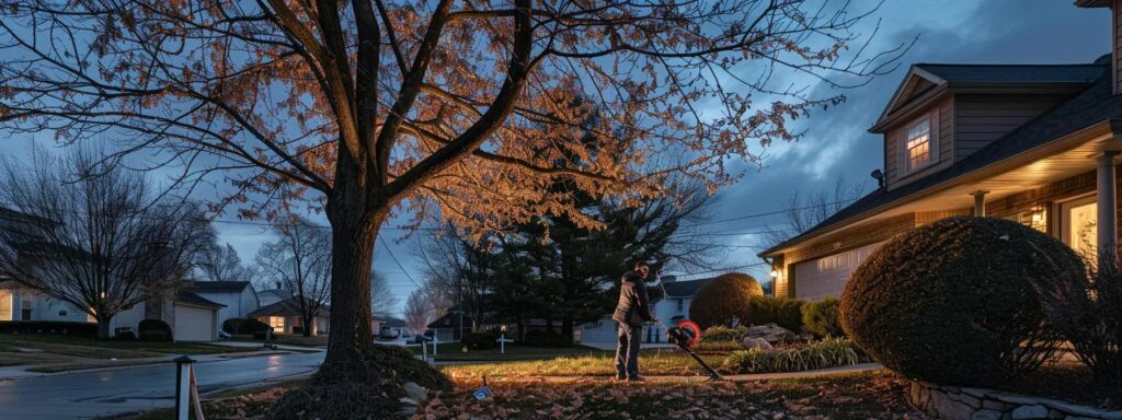 a professional arborist inspects a meticulously pruned tree in an urban yard, showcasing the precise techniques of crown thinning and clearance pruning against a backdrop of nearby homes, highlighting the careful balance between property safety and aesthetic appeal.