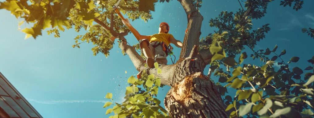 a professional arborist is meticulously pruning a towering tree in an urban backyard, utilizing specialized tools like loppers and pole saws under the clear blue sky, while the freshly cut branches are neatly piled on the ground, emphasizing precision and care in tree maintenance.