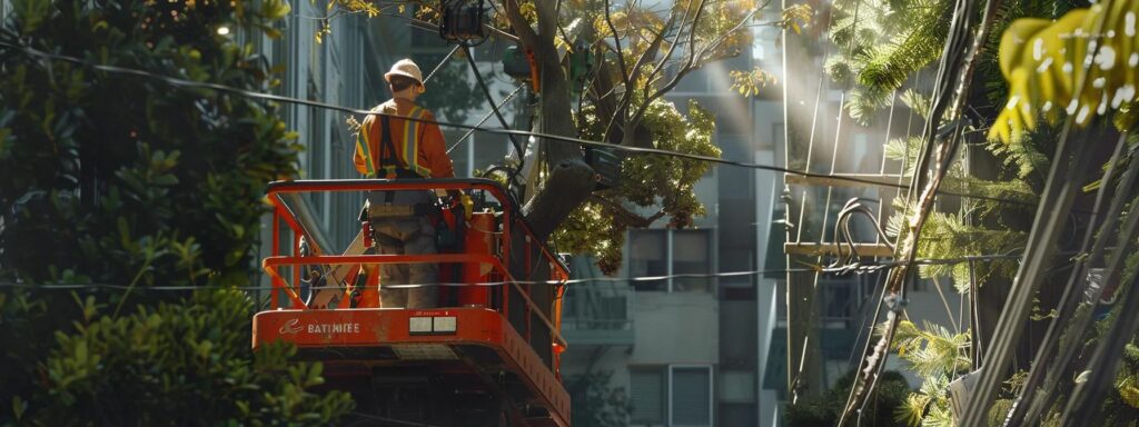 a skilled arborist expertly navigates a bustling urban environment, operating a bucket truck to safely prune a towering tree near utility lines, showcasing meticulous attention to detail and ecological responsibility amidst the vibrant architecture of hot springs.