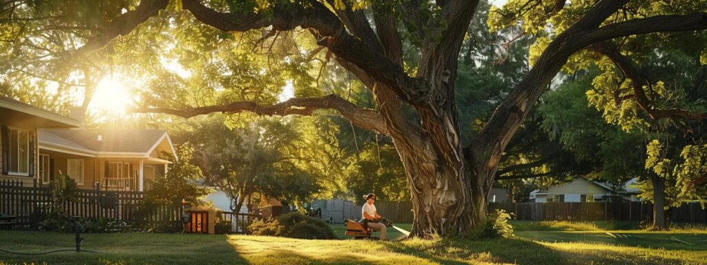 a skilled arborist in a professional uniform operates advanced equipment while trimming a large tree in a suburban yard, showcasing meticulous precision and care to enhance tree health and safety.