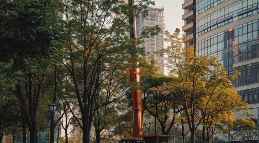 a sleek urban landscape showcases a modern tree-trimming service in action, featuring high-tech equipment and precision tools against the backdrop of a well-maintained city park, emphasizing efficiency and expertise in the tree care industry.