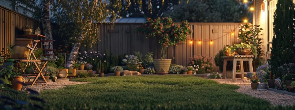 a well-organized urban backyard setting showcases pre-trimming preparations, featuring neatly cleared debris, strategically marked hazard zones, and covered garden beds, all illuminated by soft indoor lighting to convey a sense of readiness for professional tree service.