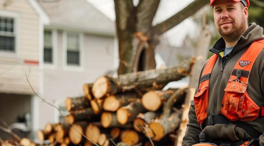a confident clower tree service professional, equipped with advanced tree removal equipment, stands in an impeccably organized urban yard, surrounded by neatly stacked logs and an expertly cleared area showcasing the expertise and trustworthiness of the service.