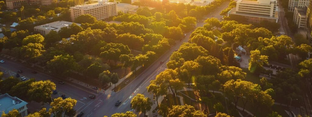 a dynamic urban scene showcases clower tree service professionals utilizing advanced drones for aerial inspections amidst a commercial area, highlighting their expertise in arboriculture with high-tech equipment and a meticulous approach to tree care.