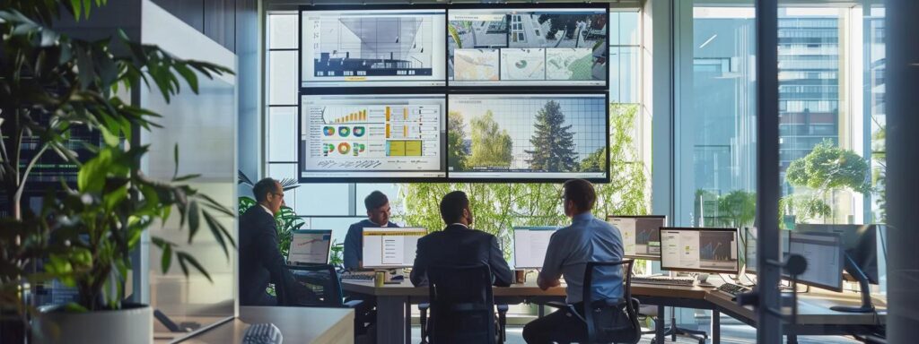 a modern urban office environment displays a sleek, high-tech workstation featuring digital displays showcasing the innovative benefits and features of clower tree service, with soft-focus elements of professional staff engaged in strategy discussions.