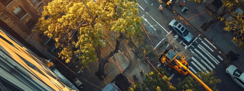 a professional tree service team conduct a meticulous tree removal operation in an urban setting, showcasing advanced equipment and safety measures in action, as they focus on preserving property integrity and ensuring the area remains hazard-free.
