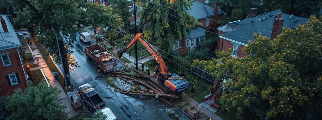 a professional tree service team expertly removes a large tree in an urban setting, showcasing advanced equipment and meticulous safety protocols, set against a backdrop of residential properties to highlight the company's commitment to enhancing landscape aesthetics and community value.