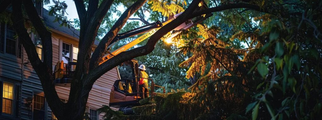 a professional tree service team skillfully operates advanced equipment against the backdrop of a well-manicured urban property, highlighting their expertise in environmentally responsible tree removal and maintenance.