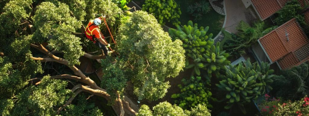 a professional tree trimmer skillfully shapes a vibrant tree within a well-manicured urban landscape, showcasing the importance of precision trimming in promoting tree health and enhancing the overall aesthetic of nearby properties.