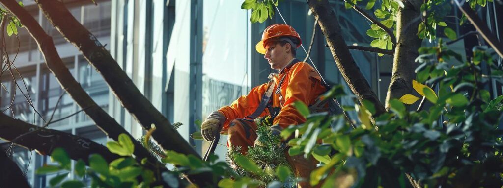 a skilled arborist in professional gear assesses a robust tree in an urban setting, meticulously analyzing its structure and health while surrounded by tools and equipment tailored for precise tree trimming, highlighting a proactive and sustainable approach to tree care.