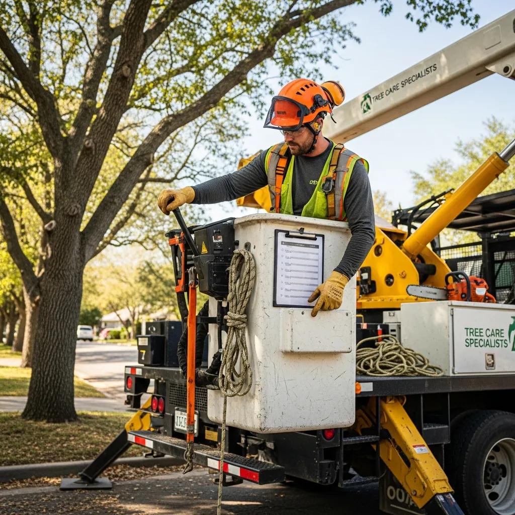 Arborist inspecting bucket truck equipment, emphasizing OSHA safety guidelines