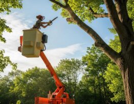 Arborist pruning high branches from a bucket truck, showcasing effective tree care techniques