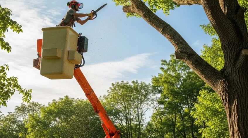 Arborist pruning high branches from a bucket truck, showcasing effective tree care techniques