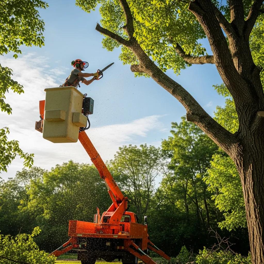 Arborist pruning high branches from a bucket truck, showcasing effective tree care techniques