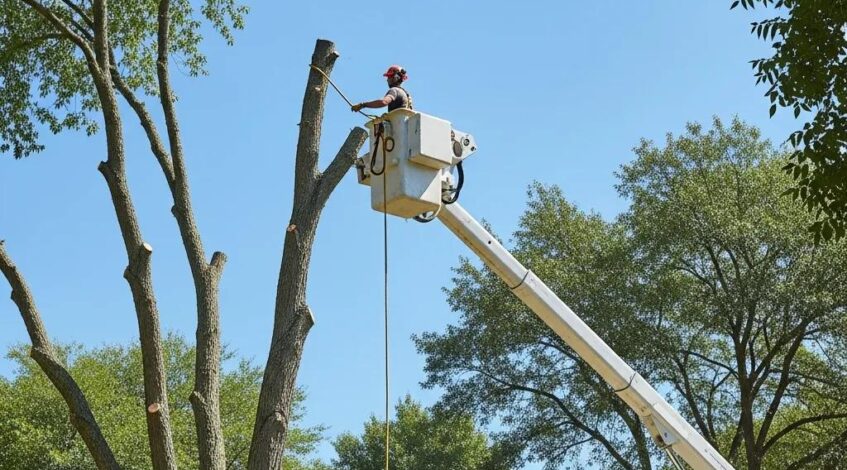 Bucket truck trimming a tree, highlighting safety and efficiency in tree care