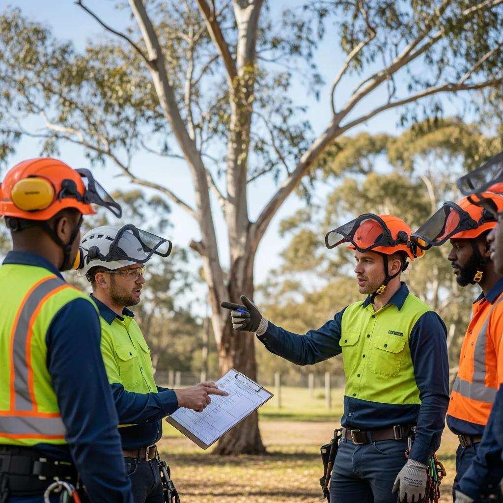 Certified arborist leading a safety briefing for tree removal team