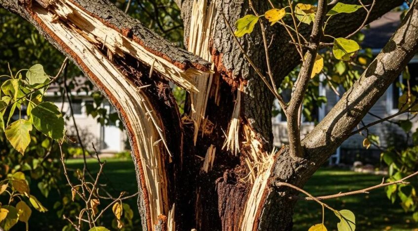 Close-up of a hazardous tree showing branch splitting and missing bark, highlighting signs of tree health issues