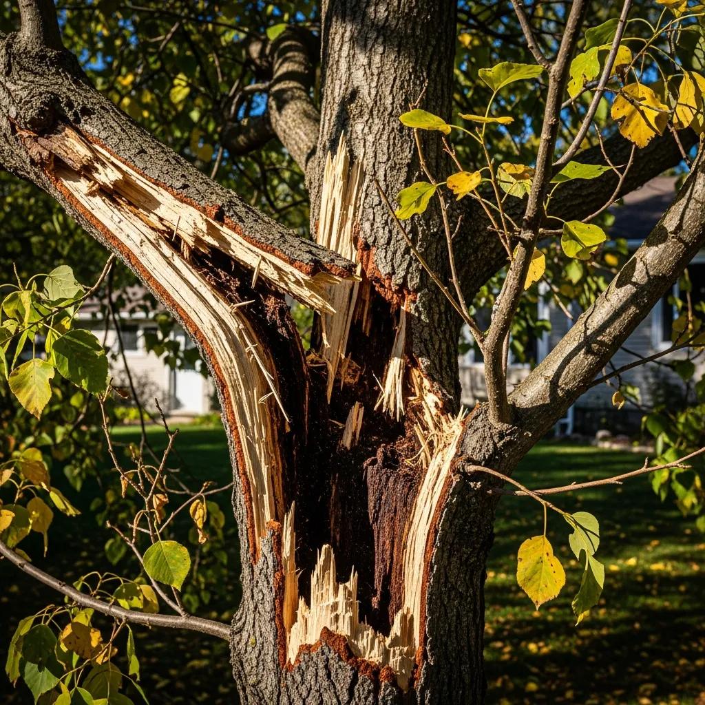 Close-up of a hazardous tree showing branch splitting and missing bark, highlighting signs of tree health issues