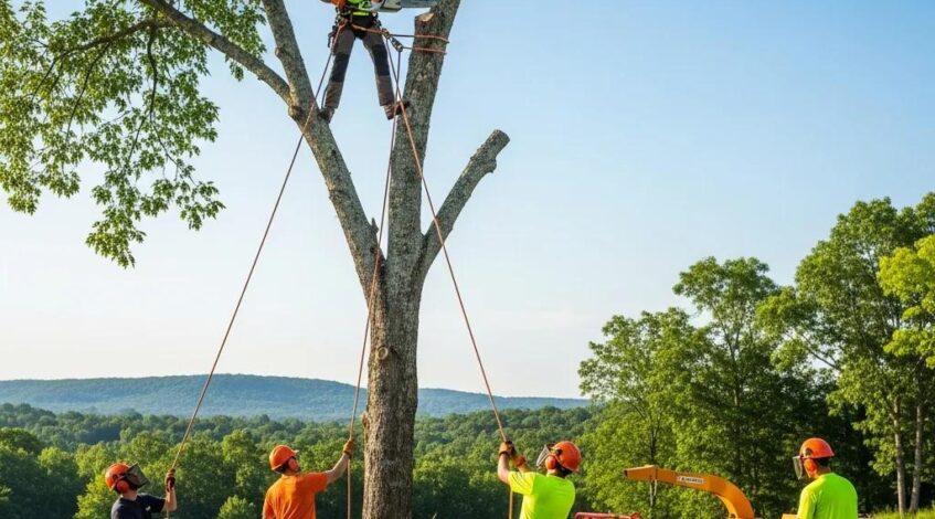 Professional tree service team performing tree removal in Central Arkansas